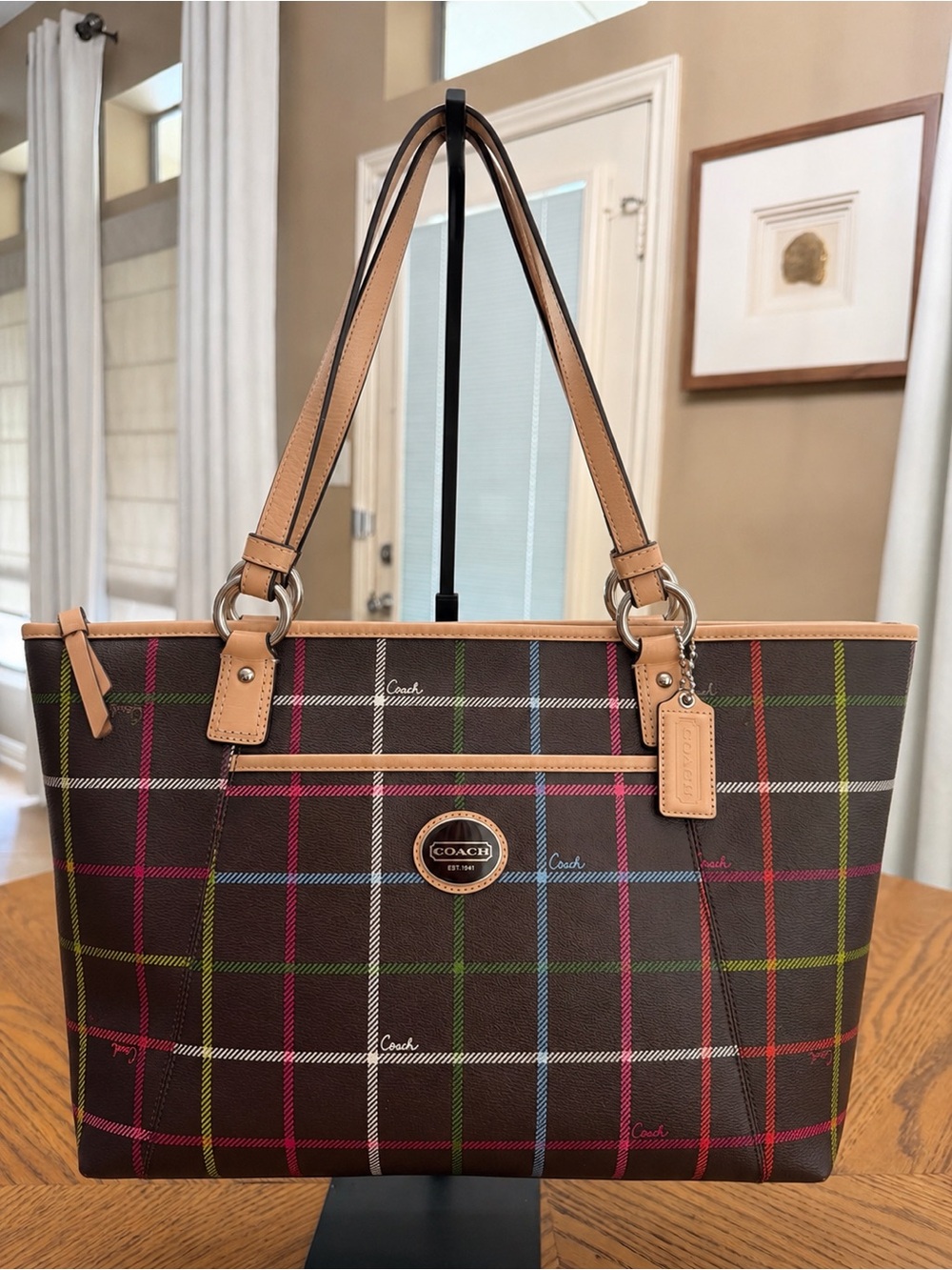 Coach Taylor Brown Tattersall Plaid Tote Bag EUC